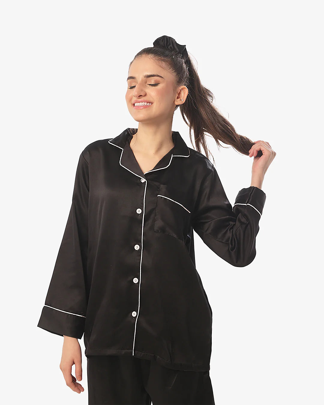 Satin Silk Pajama Suit with Scrunchie - Pearl
