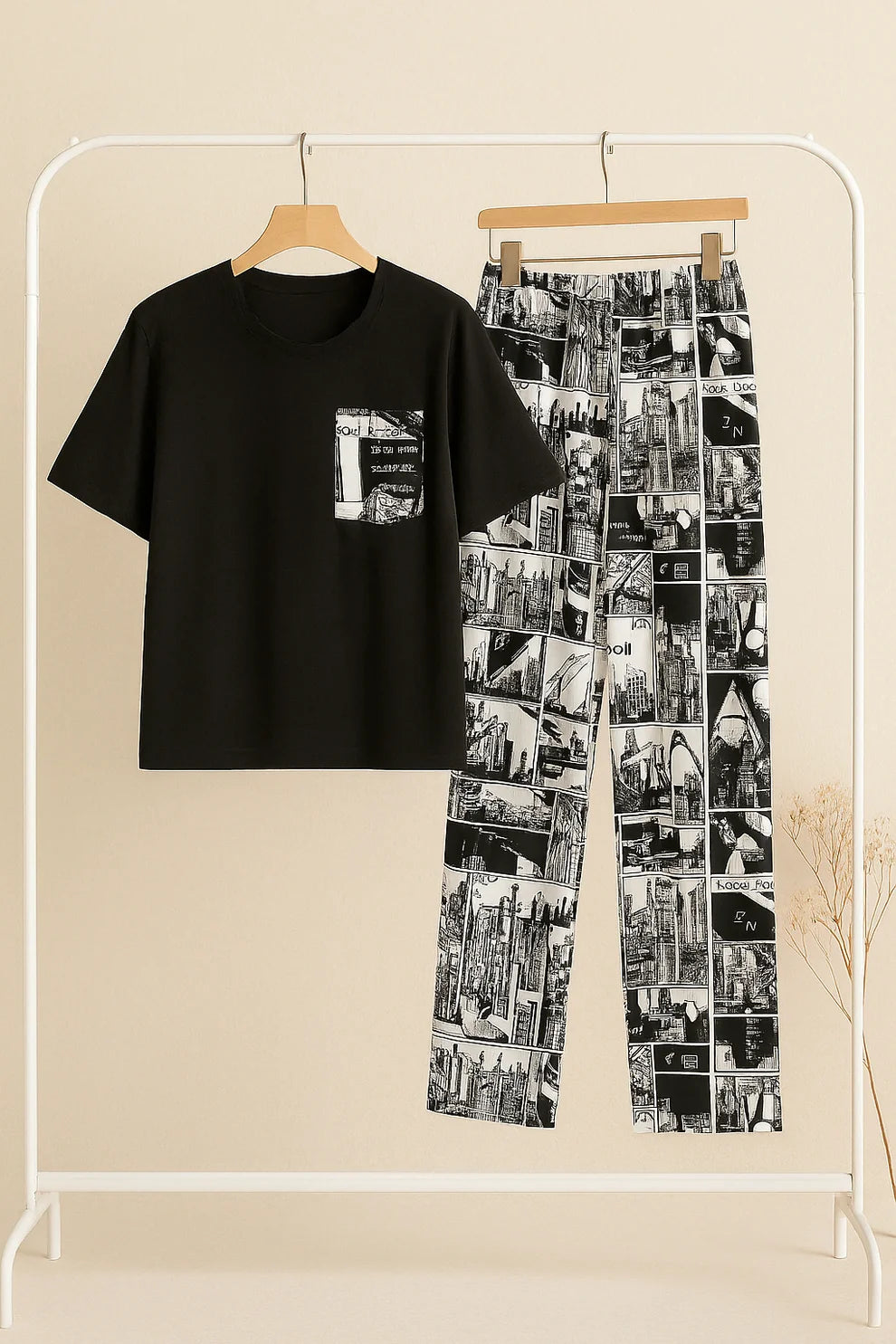 Dreams in Black & White Round Neck Plazzo PJ Set