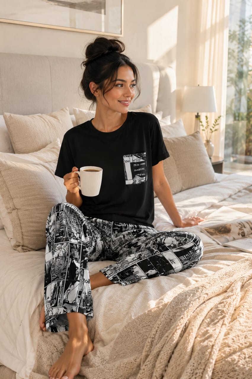 Dreams in Black & White Round Neck Plazzo PJ Set