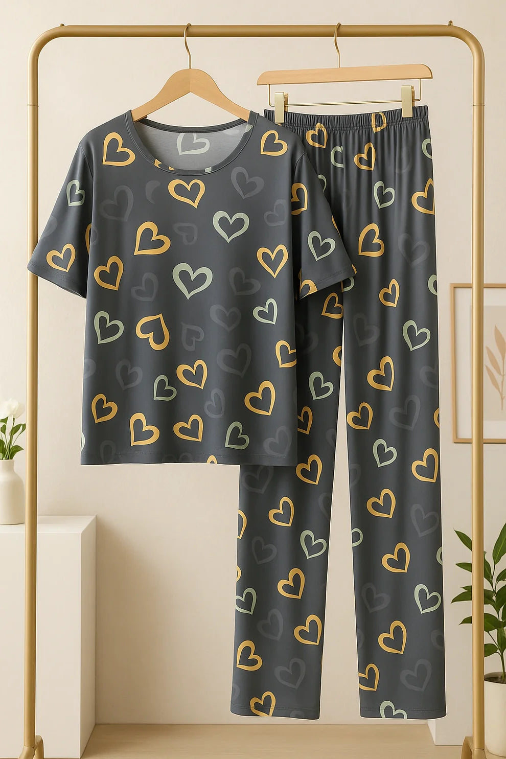 Multi Color Heart on Grey Night Wear