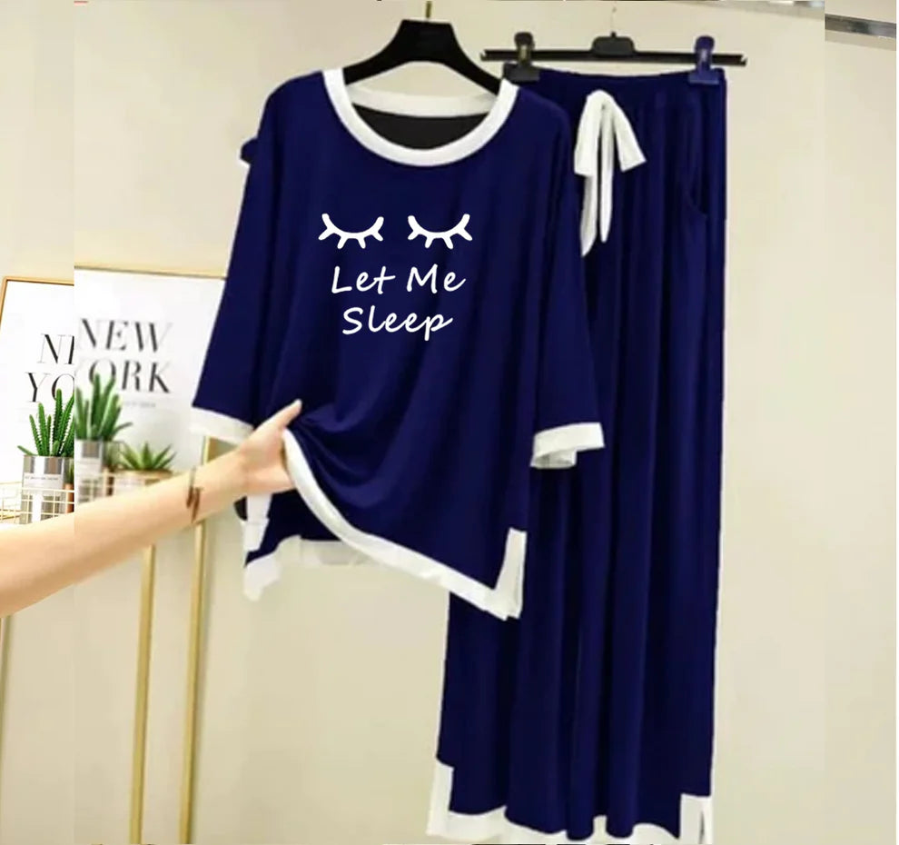 Navy Blue LetMeSleep White Round Neck Plazzo PJ Set