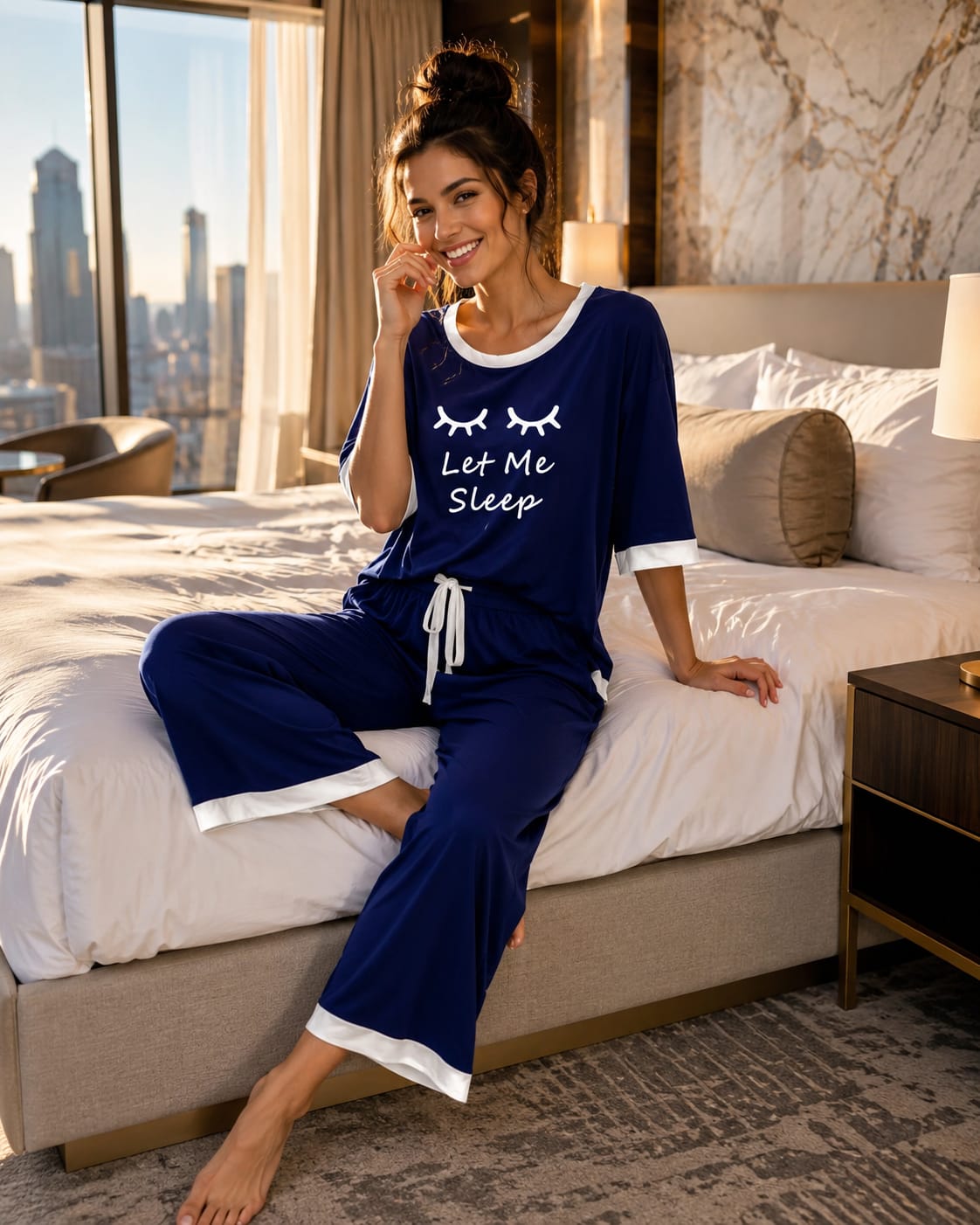 Navy Blue LetMeSleep White Round Neck Plazzo PJ Set