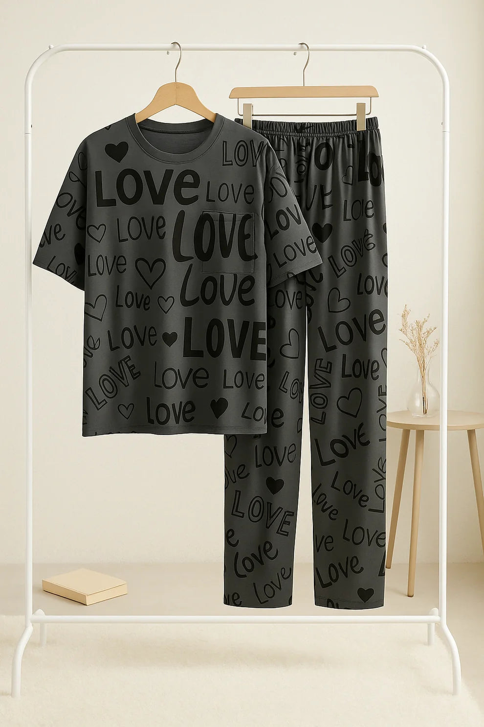 Gray Love Printed Shirt & Trouser Set