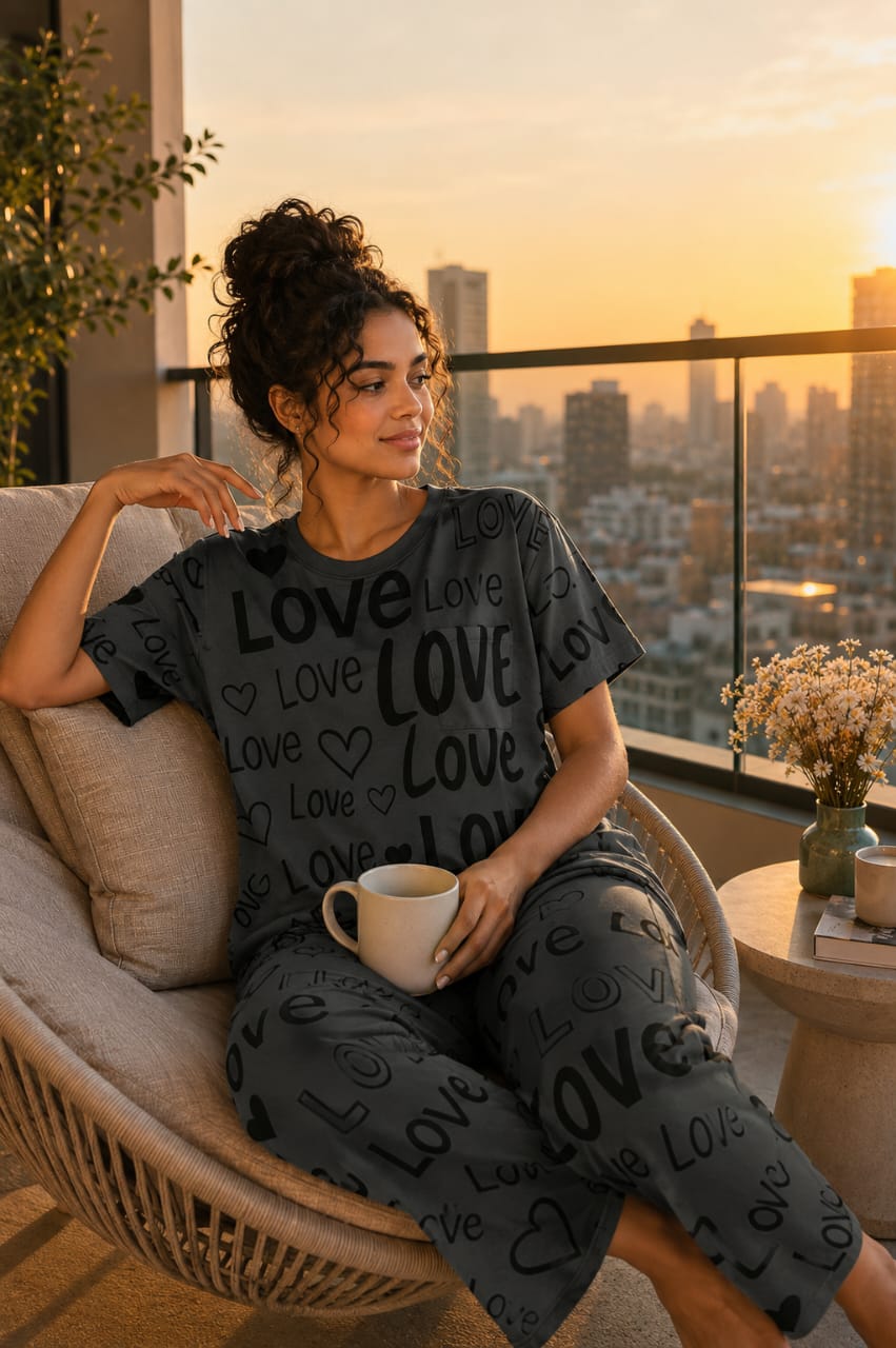 Gray Love Printed Shirt & Trouser Set