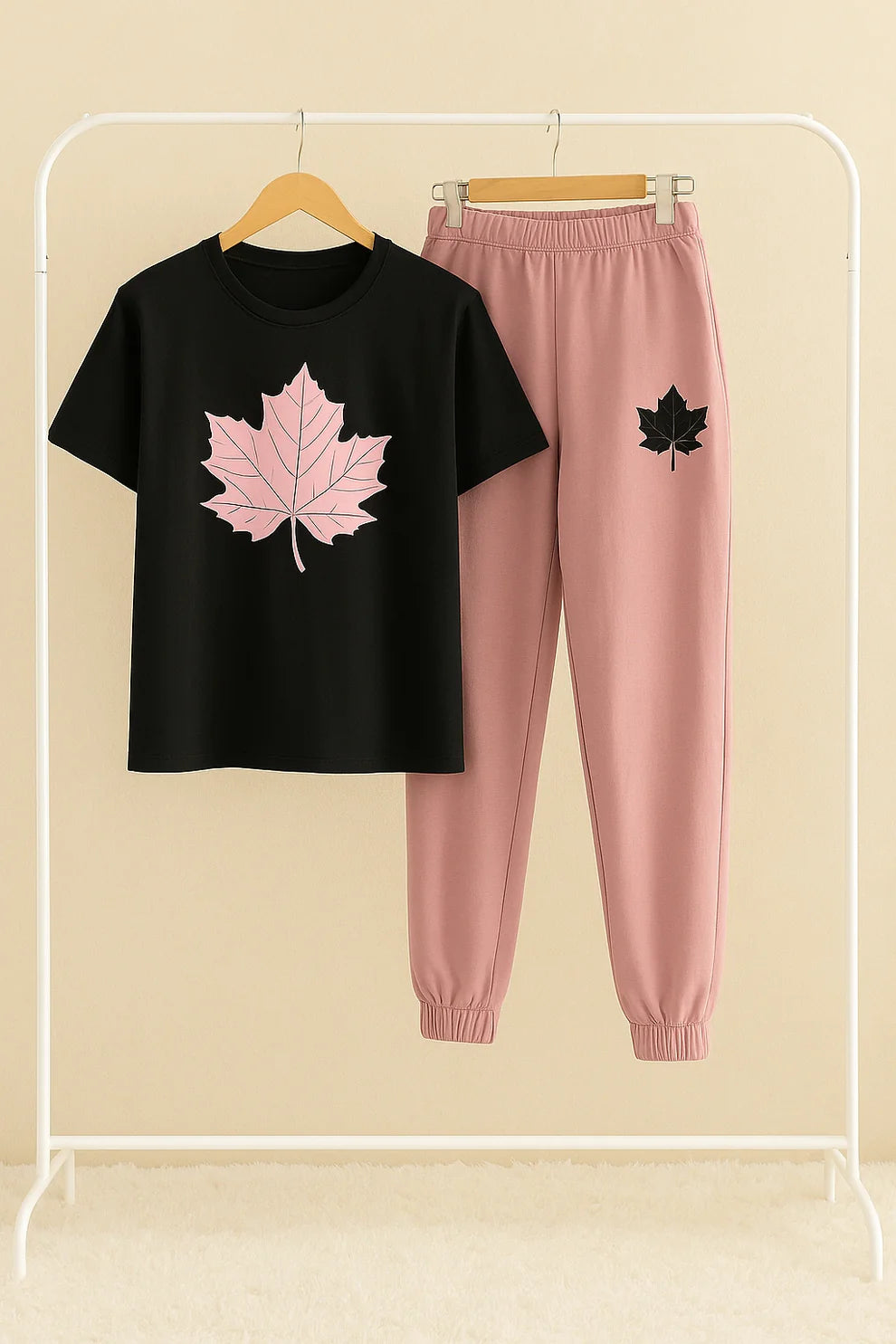 Leaf Printed Black Shirt & Pink Trouser Set